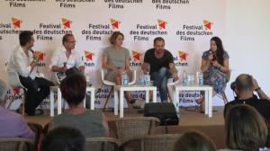 Suchsland (Interviewer), Wolfgang Esser (Produzent), Luise Heyer (Schauspielerin), Christoph Stark (Regisseur), Teichmann (Interviewerin) (vlnr), Film Spreewaldkrimi "Die Sturmnacht"  